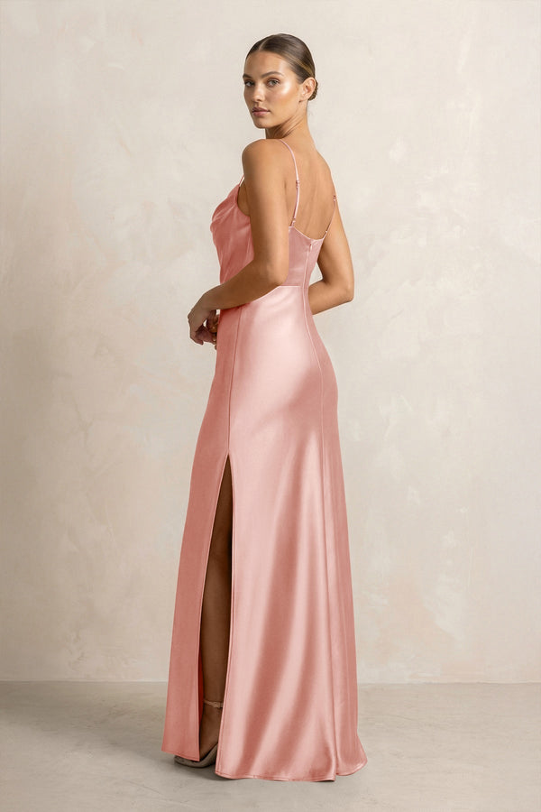 Spaghetti Strap Satin Sheath Bridesmaid Dress in Rose Petal - KissProm Bridesmaid Dresses