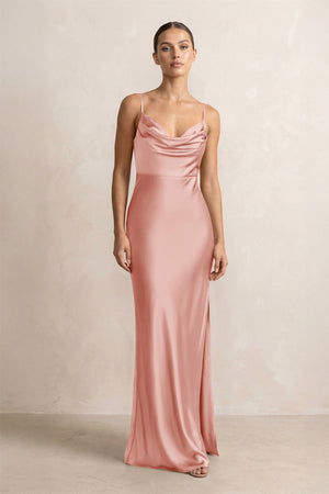 Spaghetti Strap Satin Sheath Bridesmaid Dress in Rose Petal - KissProm Bridesmaid Dresses