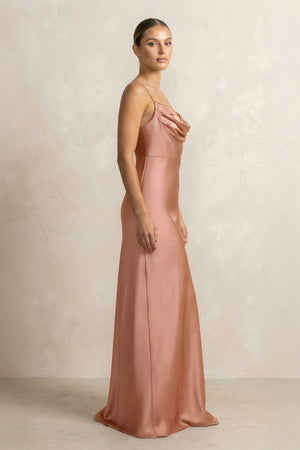 Spaghetti Strap Satin Sheath Bridesmaid Dress in Rosette - KissProm Bridesmaid Dresses