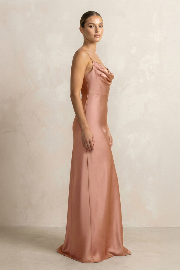 Spaghetti Strap Satin Sheath Bridesmaid Dress in Rosette - KissProm Bridesmaid Dresses