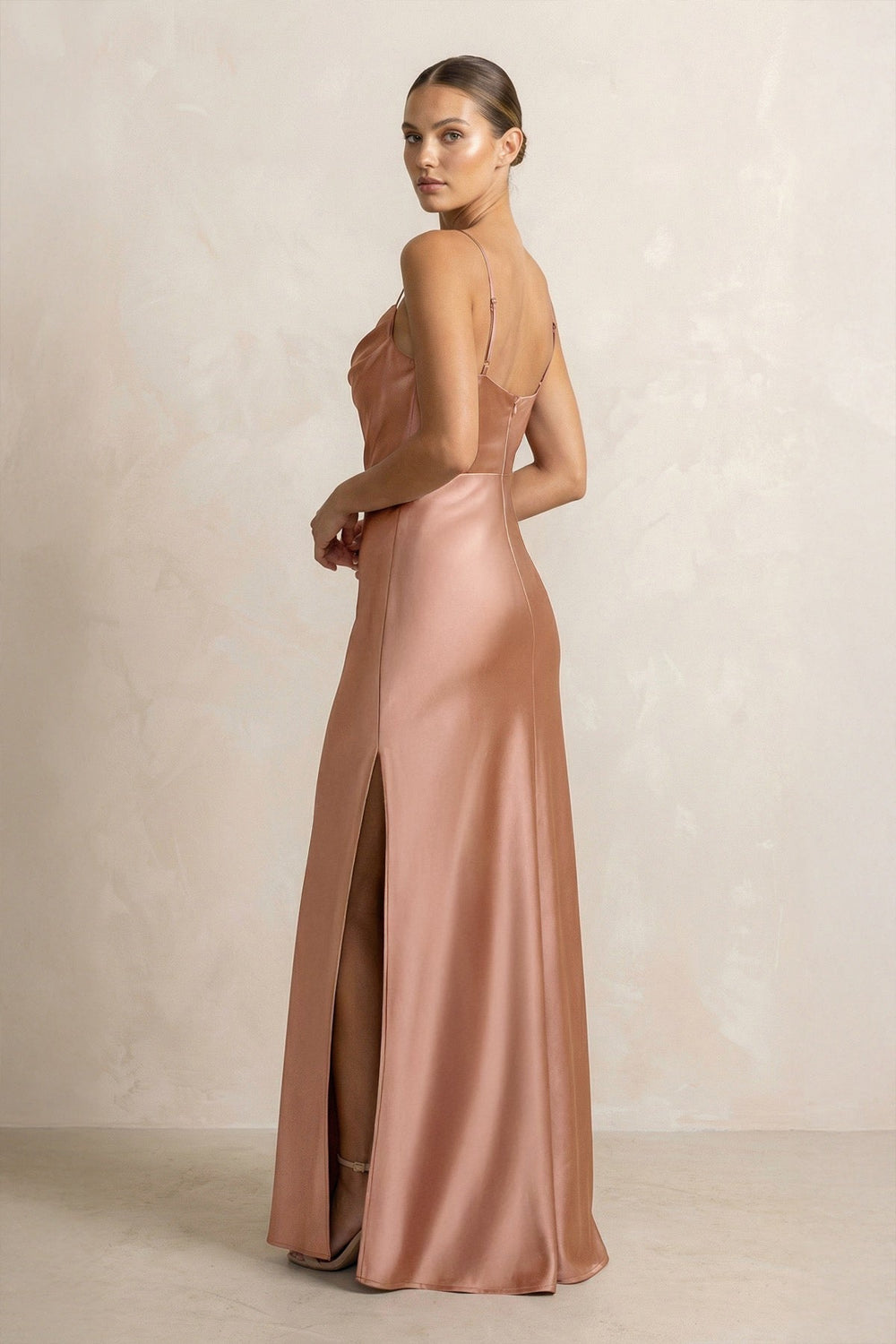 Spaghetti Strap Satin Sheath Bridesmaid Dress in Rosette - KissProm Bridesmaid Dresses