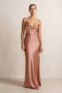 Spaghetti Strap Satin Sheath Bridesmaid Dress in Rosette - KissProm Bridesmaid Dresses