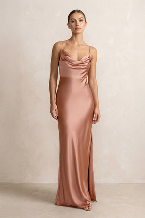 Spaghetti Strap Satin Sheath Bridesmaid Dress in Rosette - KissProm Bridesmaid Dresses