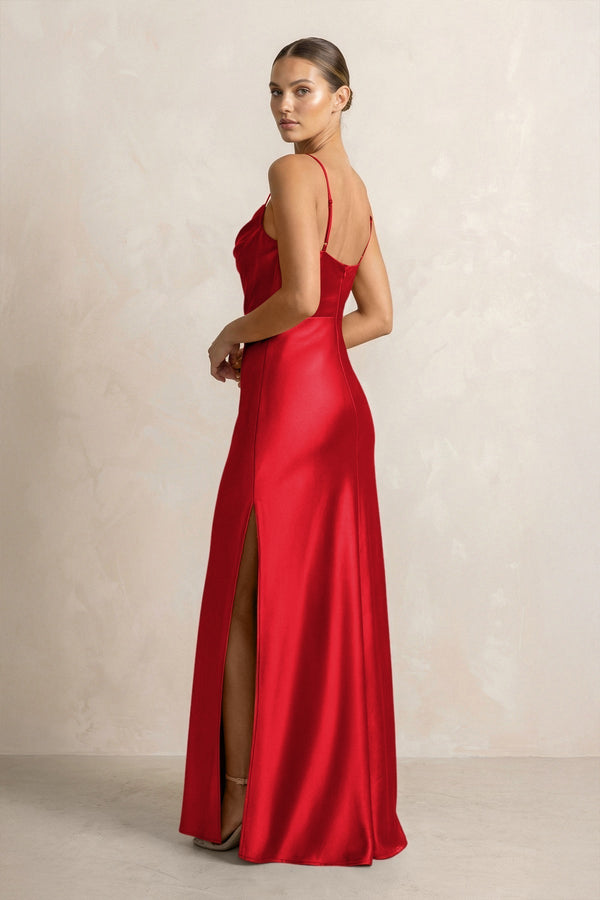 Spaghetti Strap Satin Sheath Bridesmaid Dress in Ruby Red - KissProm Bridesmaid Dresses
