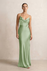 Spaghetti Strap Satin Sheath Bridesmaid Dress in Sage - KissProm Bridesmaid Dresses