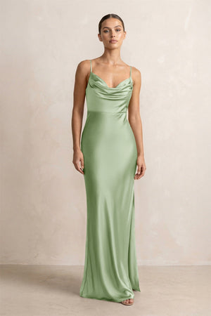 Spaghetti Strap Satin Sheath Bridesmaid Dress in Sage - KissProm Bridesmaid Dresses