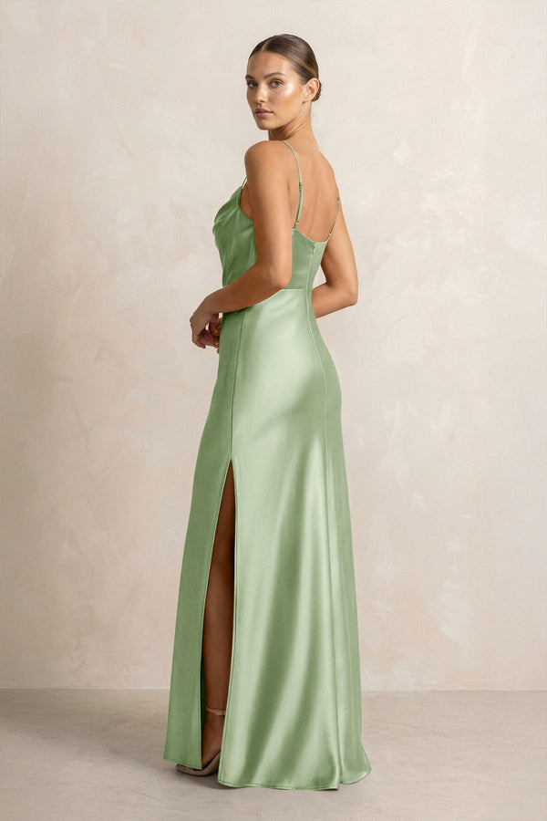Spaghetti Strap Satin Sheath Bridesmaid Dress in Sage - KissProm Bridesmaid Dresses