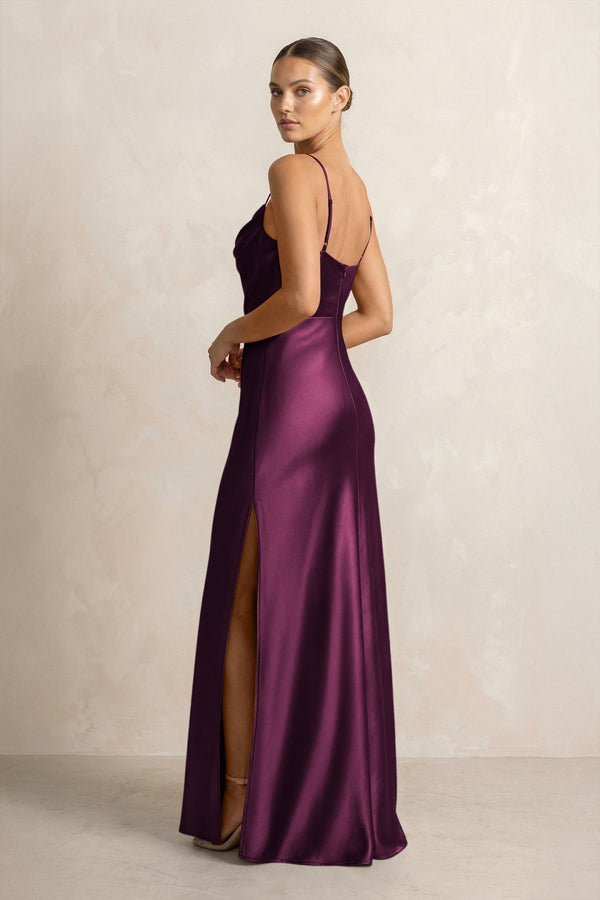 Spaghetti Strap Satin Sheath Bridesmaid Dress in Sangria - KissProm Bridesmaid Dresses