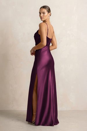 Spaghetti Strap Satin Sheath Bridesmaid Dress in Sangria - KissProm Bridesmaid Dresses