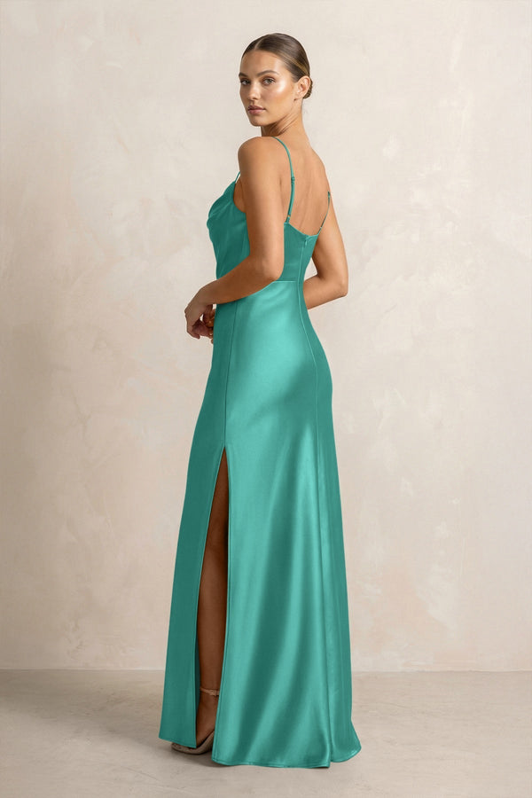 Spaghetti Strap Satin Sheath Bridesmaid Dress in Sea Glass - KissProm Bridesmaid Dresses