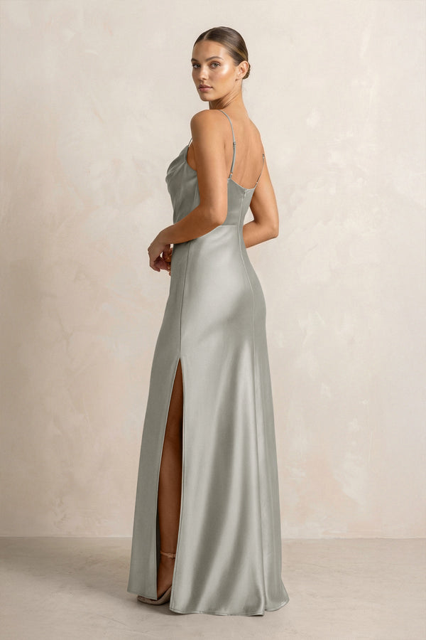 Spaghetti Strap Satin Sheath Bridesmaid Dress in Silver - KissProm Bridesmaid Dresses