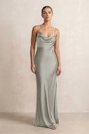 Spaghetti Strap Satin Sheath Bridesmaid Dress in Silver - KissProm Bridesmaid Dresses