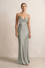 Spaghetti Strap Satin Sheath Bridesmaid Dress in Silver - KissProm Bridesmaid Dresses