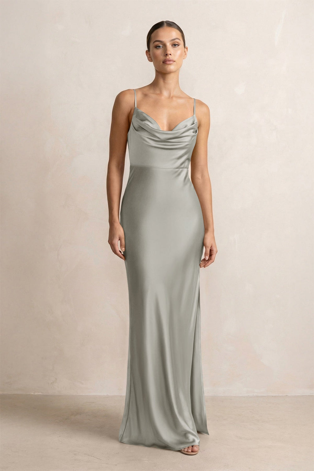 Spaghetti Strap Satin Sheath Bridesmaid Dress in Silver - KissProm Bridesmaid Dresses