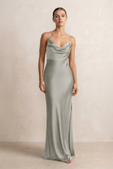 Spaghetti Strap Satin Sheath Bridesmaid Dress in Silver - KissProm Bridesmaid Dresses