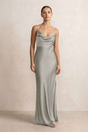 Spaghetti Strap Satin Sheath Bridesmaid Dress in Silver - KissProm Bridesmaid Dresses