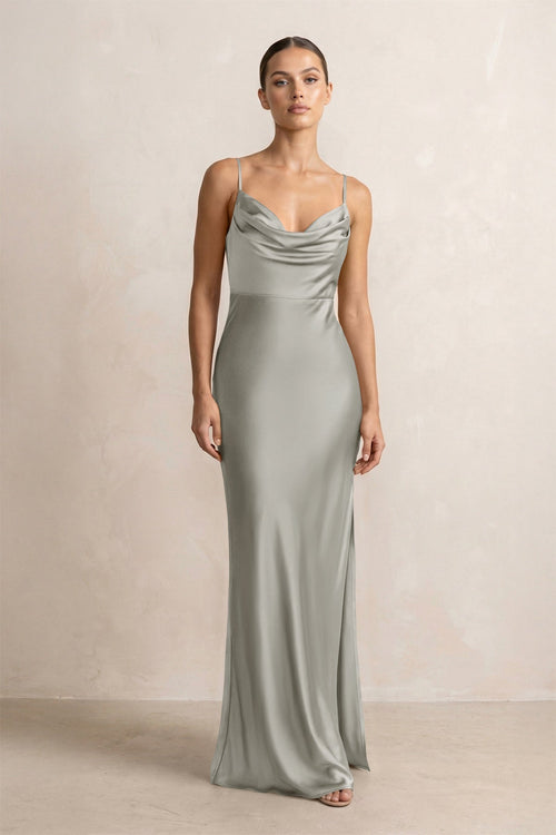 Spaghetti Strap Satin Sheath Bridesmaid Dress in Silver - KissProm Bridesmaid Dresses