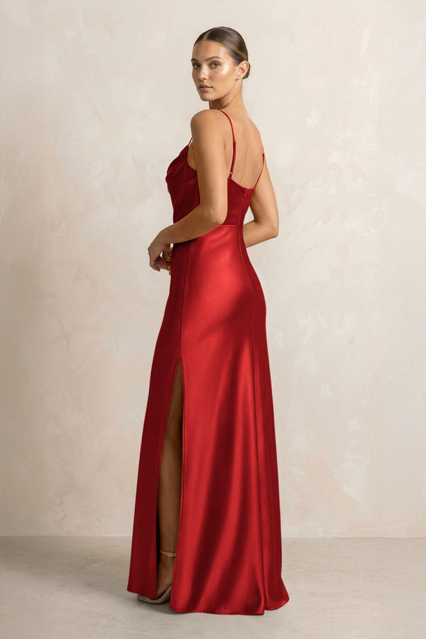 Spaghetti Strap Satin Sheath Bridesmaid Dress in Spice - KissProm Bridesmaid Dresses