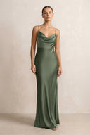 Spaghetti Strap Satin Sheath Bridesmaid Dress in Thyme - KissProm Bridesmaid Dresses