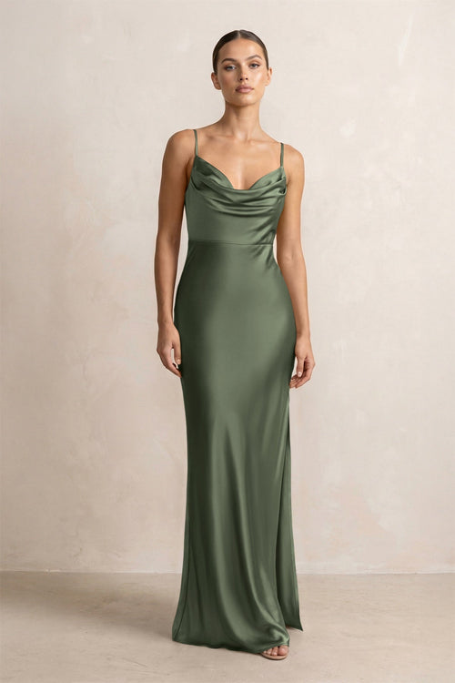 Spaghetti Strap Satin Sheath Bridesmaid Dress in Thyme - KissProm Bridesmaid Dresses