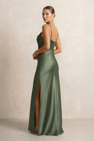 Spaghetti Strap Satin Sheath Bridesmaid Dress in Thyme - KissProm Bridesmaid Dresses