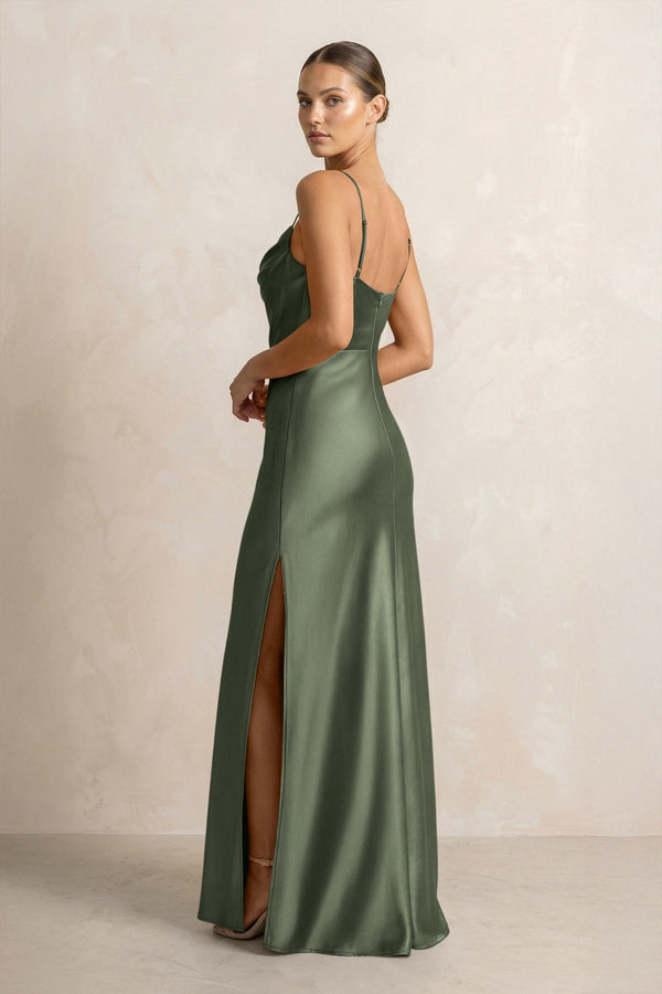 Spaghetti Strap Satin Sheath Bridesmaid Dress in Thyme - KissProm Bridesmaid Dresses