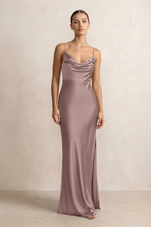 Spaghetti Strap Satin Sheath Bridesmaid Dress in Toffee - KissProm Bridesmaid Dresses