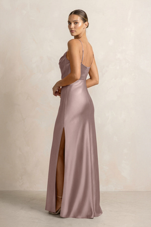 Spaghetti Strap Satin Sheath Bridesmaid Dress in Toffee - KissProm Bridesmaid Dresses