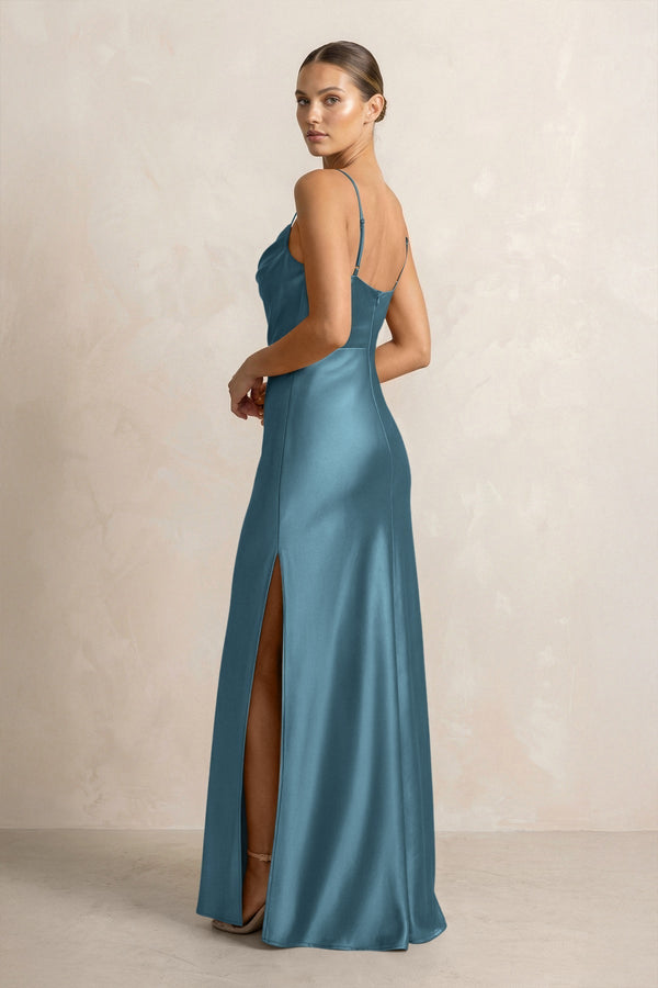 Spaghetti Strap Satin Sheath Bridesmaid Dress in Twilight - KissProm Bridesmaid Dresses