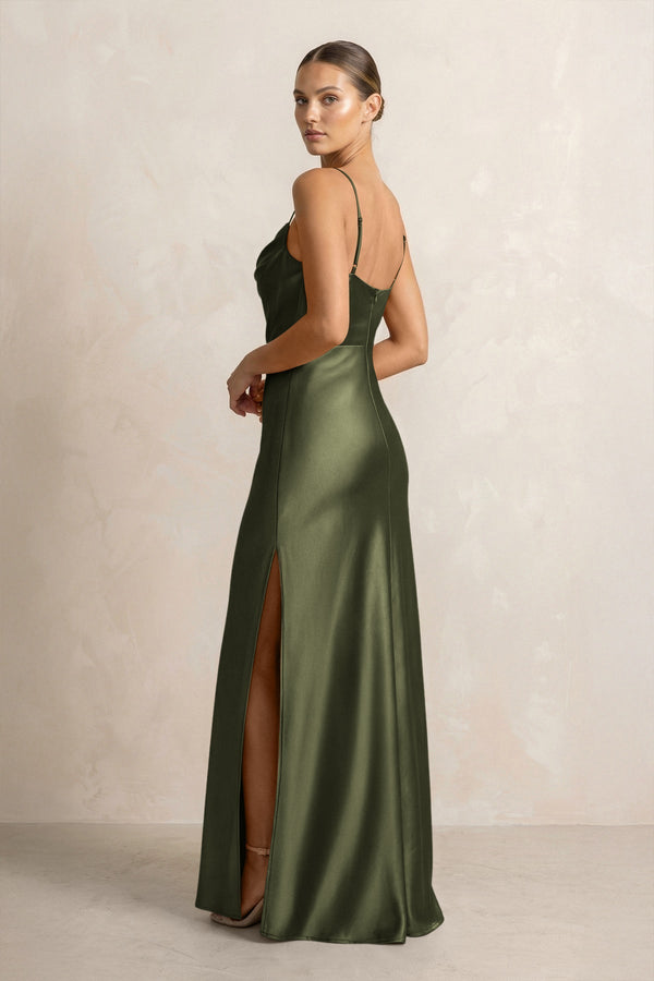 Spaghetti Strap Satin Sheath Bridesmaid Dress in Willow Green - KissProm Bridesmaid Dresses
