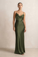 Spaghetti Strap Satin Sheath Bridesmaid Dress in Willow Green - KissProm Bridesmaid Dresses