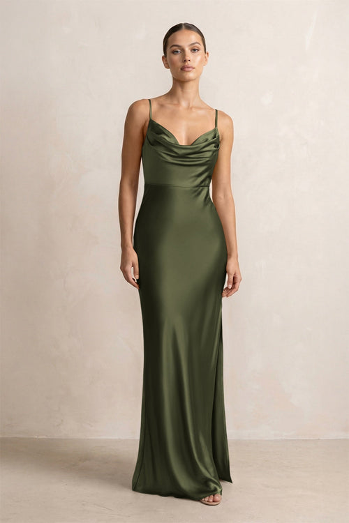 Spaghetti Strap Satin Sheath Bridesmaid Dress in Willow Green - KissProm Bridesmaid Dresses