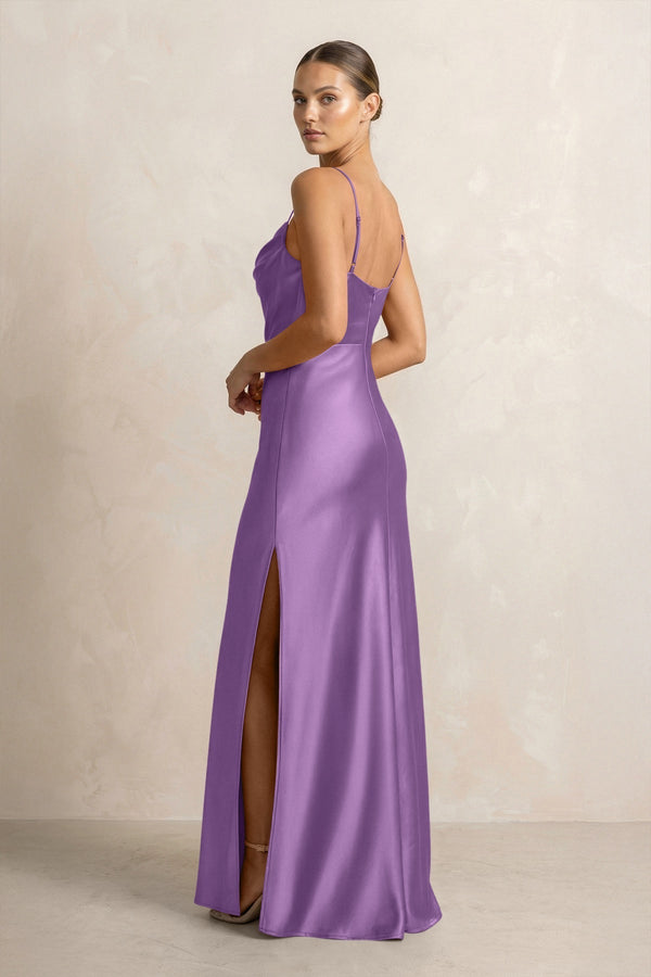 Spaghetti Strap Satin Sheath Bridesmaid Dress in Wisteria - KissProm Bridesmaid Dresses