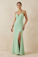 Spaghetti Strap Sheath Chiffon Bridesmaid Dress With Slit - KissProm Bridesmaid Dresses