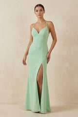Spaghetti Strap Sheath Chiffon Bridesmaid Dress With Slit - KissProm Bridesmaid Dresses