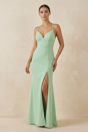 Spaghetti Strap Sheath Chiffon Bridesmaid Dress With Slit - KissProm Bridesmaid Dresses