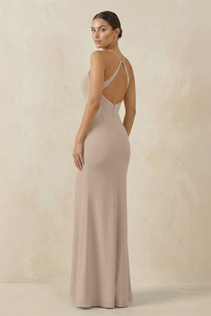 Spaghetti Strap Sheath Chiffon Bridesmaid Dress With Slit in Almond - KissProm Bridesmaid Dresses