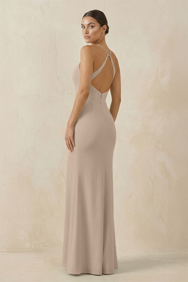 Spaghetti Strap Sheath Chiffon Bridesmaid Dress With Slit in Almond - KissProm Bridesmaid Dresses