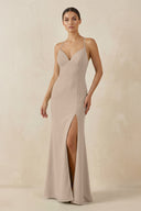 Spaghetti Strap Sheath Chiffon Bridesmaid Dress With Slit in Almond - KissProm Bridesmaid Dresses