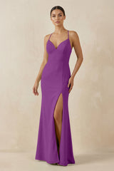Spaghetti Strap Sheath Chiffon Bridesmaid Dress With Slit in Amethyst - KissProm Bridesmaid Dresses