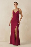 Spaghetti Strap Sheath Chiffon Bridesmaid Dress With Slit in Berry - KissProm Bridesmaid Dresses