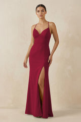 Spaghetti Strap Sheath Chiffon Bridesmaid Dress With Slit in Berry - KissProm Bridesmaid Dresses