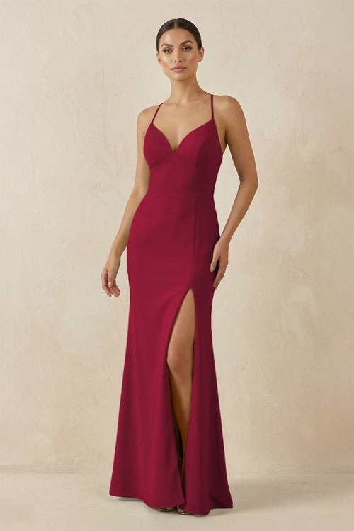 Spaghetti Strap Sheath Chiffon Bridesmaid Dress With Slit in Berry - KissProm Bridesmaid Dresses