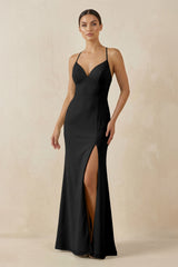 Spaghetti Strap Sheath Chiffon Bridesmaid Dress With Slit in Black - KissProm Bridesmaid Dresses