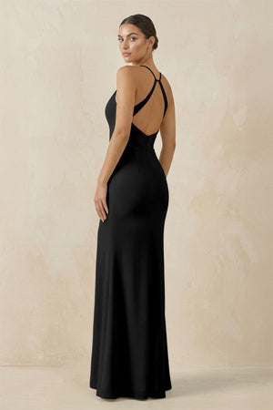 Spaghetti Strap Sheath Chiffon Bridesmaid Dress With Slit in Black - KissProm Bridesmaid Dresses