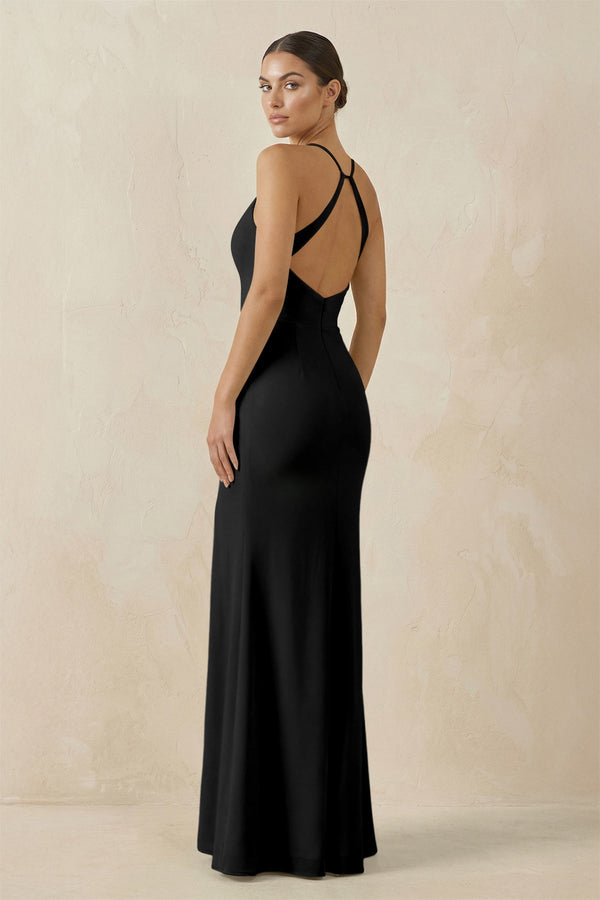 Spaghetti Strap Sheath Chiffon Bridesmaid Dress With Slit in Black - KissProm Bridesmaid Dresses