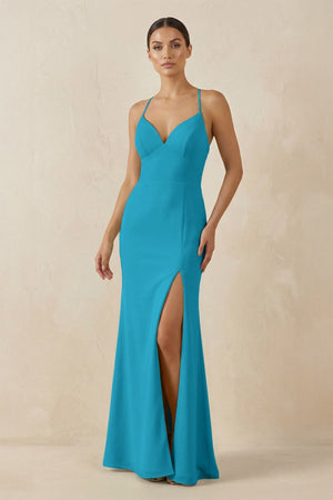 Spaghetti Strap Sheath Chiffon Bridesmaid Dress With Slit in Blue Jay - KissProm Bridesmaid Dresses