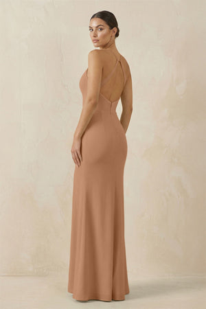 Spaghetti Strap Sheath Chiffon Bridesmaid Dress With Slit in Bronzer - KissProm Bridesmaid Dresses