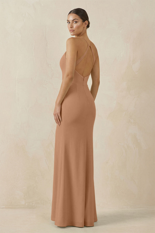 Spaghetti Strap Sheath Chiffon Bridesmaid Dress With Slit in Bronzer - KissProm Bridesmaid Dresses