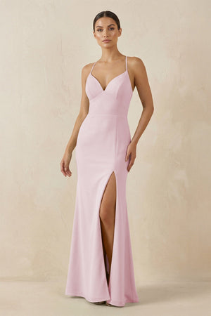 Spaghetti Strap Sheath Chiffon Bridesmaid Dress With Slit in Candy Pink - KissProm Bridesmaid Dresses